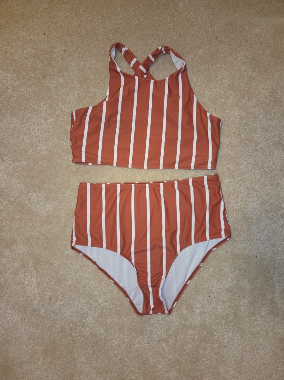 Striped Rust and White High Waist Bikini Bottoms